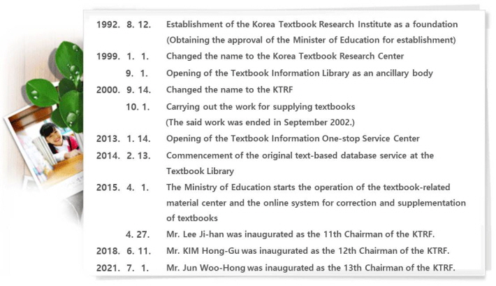 History  1992. 8. 12. Establishment of the Korea Textbook Research Institute as a foundation (Obtaining the approval of the Minister of Education for establishment)  1999. 1. 1. Changed the name to the Korea Textbook Research Center  1999. 9. 1. Opening of the Textbook Information Library as an ancillary body  2000. 9. 14. Changed the name to the KTRF  2000. 10. 1. Carrying out the work for supplying textbooks  (The said work was ended in September 2002.)  2013. 1. 14. Opening of the Textbook Information One-stop Service Center  2014. 2. 13. Commencement of the original text-based database service at the Textbook Library  2015. 4. 1. The Ministry of Education starts the operation of the textbook-related material center and the online system for correction and supplementation of textbooks.  2015. 4. 27. Mr.Lee Ji-han was inaugurated as the 11th Chairman of the KTRF.  